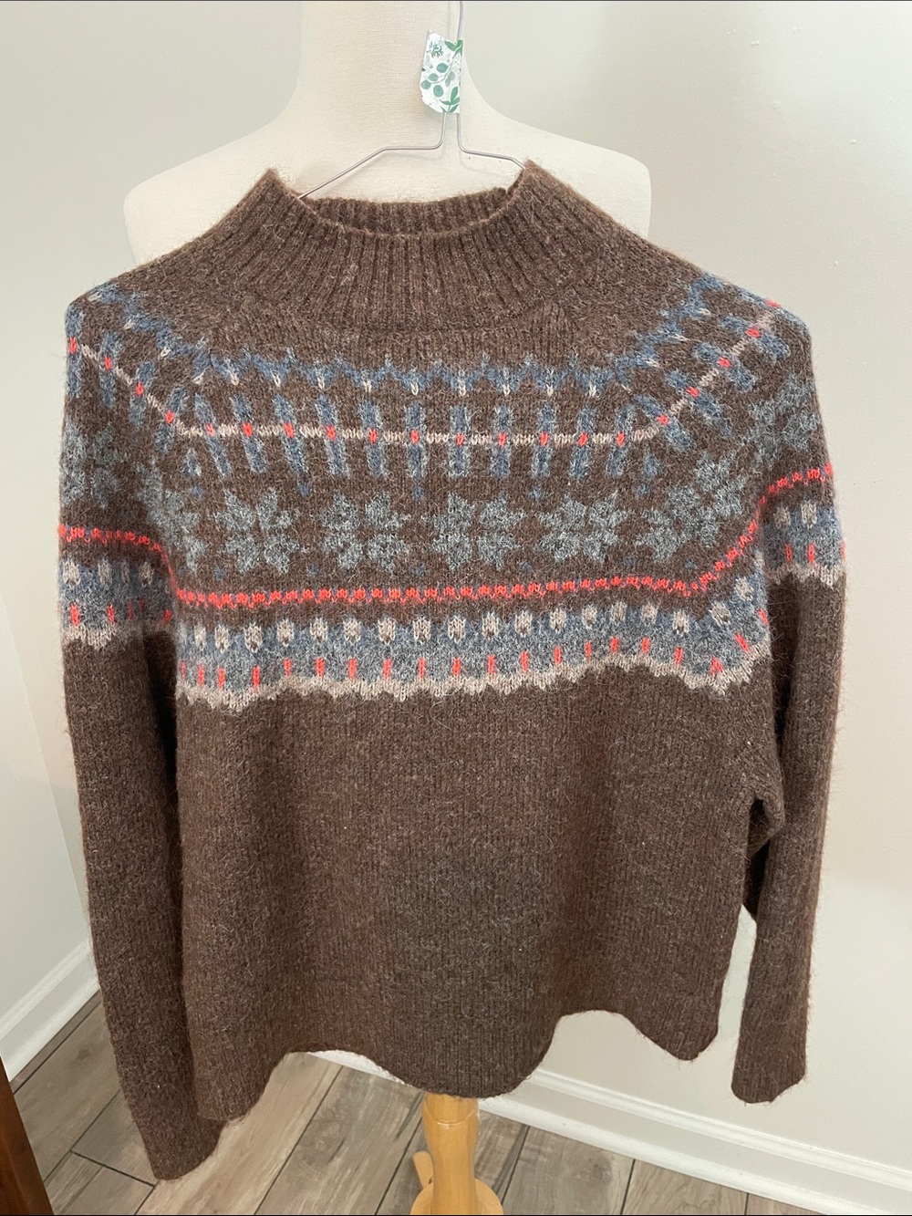 Old Navy Brown Fair Isle Turtleneck Sweater with Gray & Coral Accents
